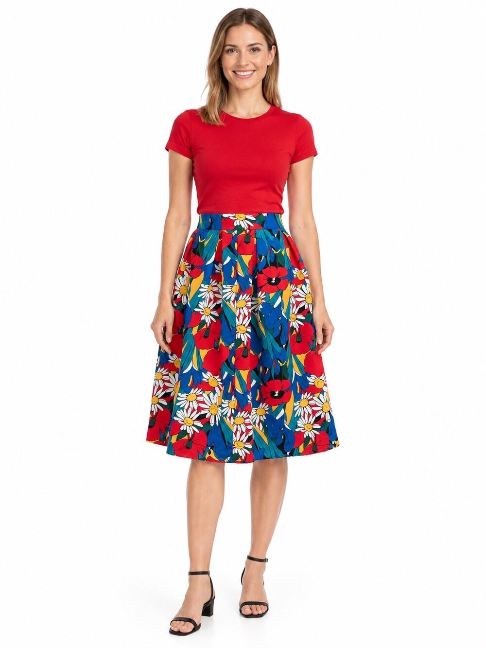 NWT Sofi Red, Blue, Yellow & White Floral Cottagecore A-Line Knee Length Skirt